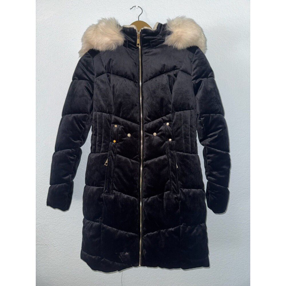 Coalition LA Black Velvet Puffer Coat Womens M Faux Fur Y2K Inspired Glam